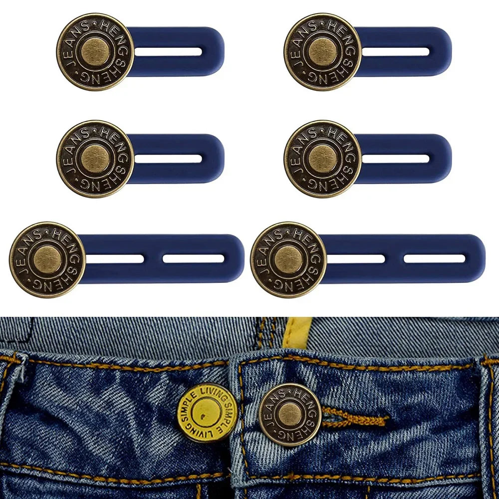 A set of universal waist extender buttons for jeans and pants in gold and blue.