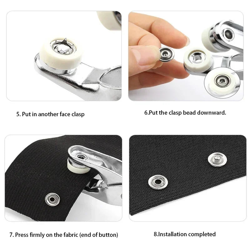 Step-by-step instructions showing how to use precision button pliers for fabric and leather installation.