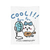 A white blanket featuring a cute cartoon character with a blue guitar and text that says Cool fun fun A cool summer & puppy
