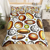 A duvet cover set featuring a repeating pattern of hand-drawn footballs in various colors and styles.