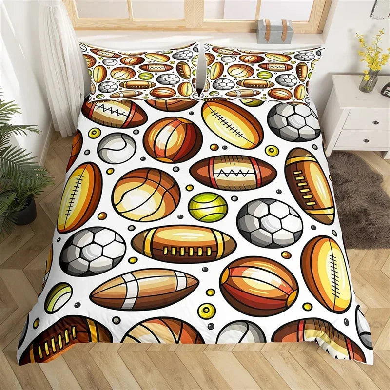 A duvet cover set featuring a repeating pattern of hand-drawn footballs in various colors and styles.
