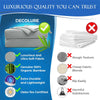 A set of gray bamboo bedding with labels highlighting luxurious fabric, durability, and OEKO-TEX certification.