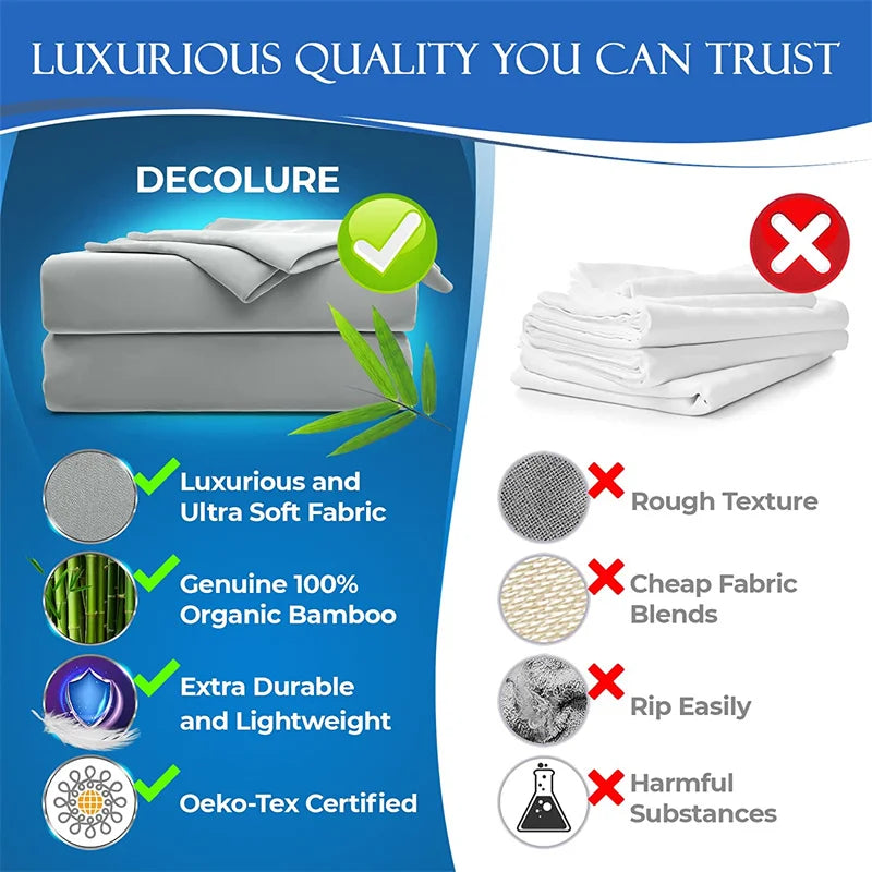 A set of gray bamboo bedding with labels highlighting luxurious fabric, durability, and OEKO-TEX certification.