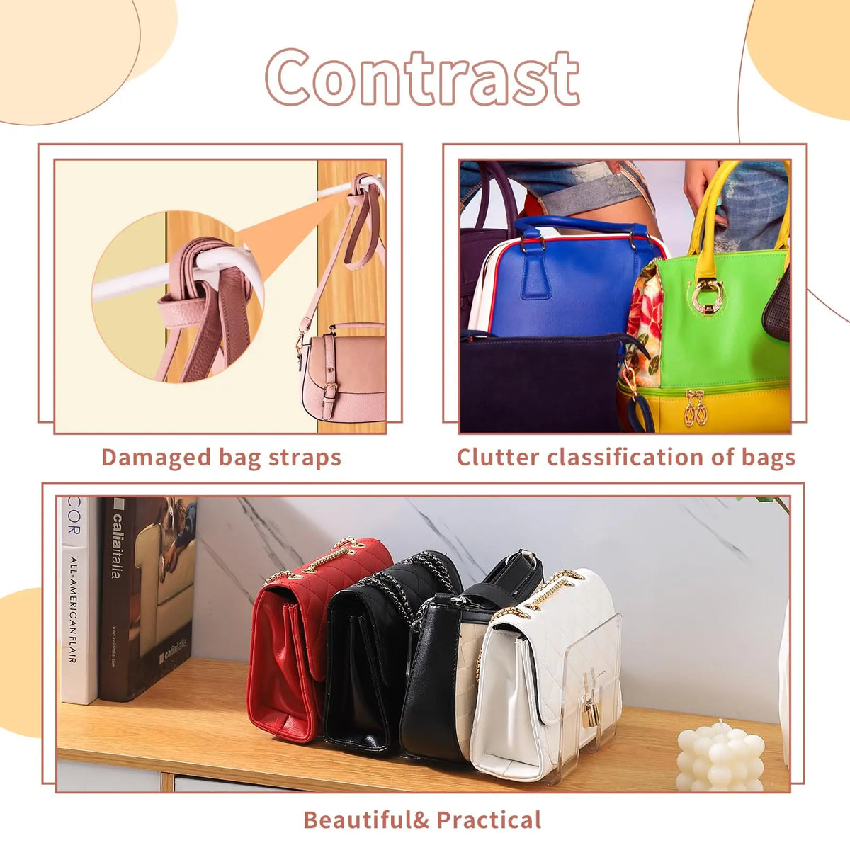 A display of various bags and storage organizers demonstrating contrast and practicality.