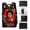Black backpack featuring a Michael Jackson design with multiple zippers and pockets
