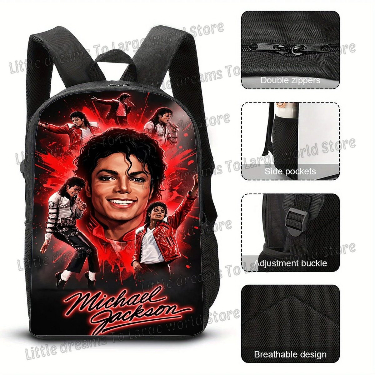 Black backpack featuring a Michael Jackson design with multiple zippers and pockets