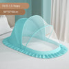 Light blue foldable mosquito net canopy designed for infant cots, shown on a bed.