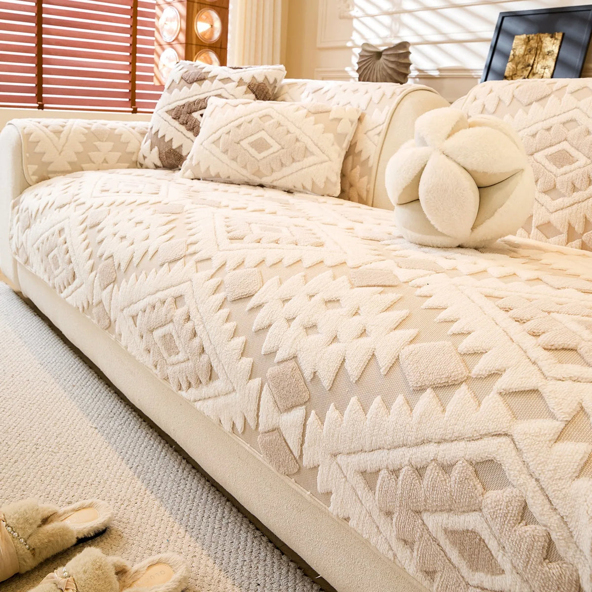 A beige boho jacquard fleece sofa slipcover with patterned cushions and a decorative spherical pillow.