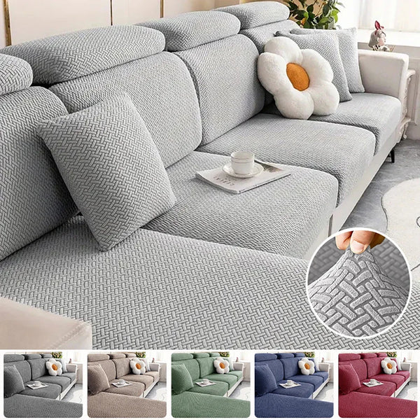 A collection of thick jacquard sofa seat cushion covers in various shades of gray, green, and blue, shown in different fabric