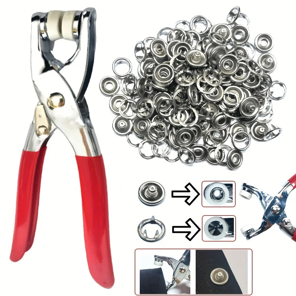 A set of metal sewing buttons and snap fasteners shown with various tools for opening and closing.
