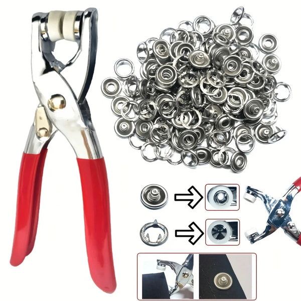 A set of metal sewing buttons and snap fasteners shown with various tools for opening and closing.