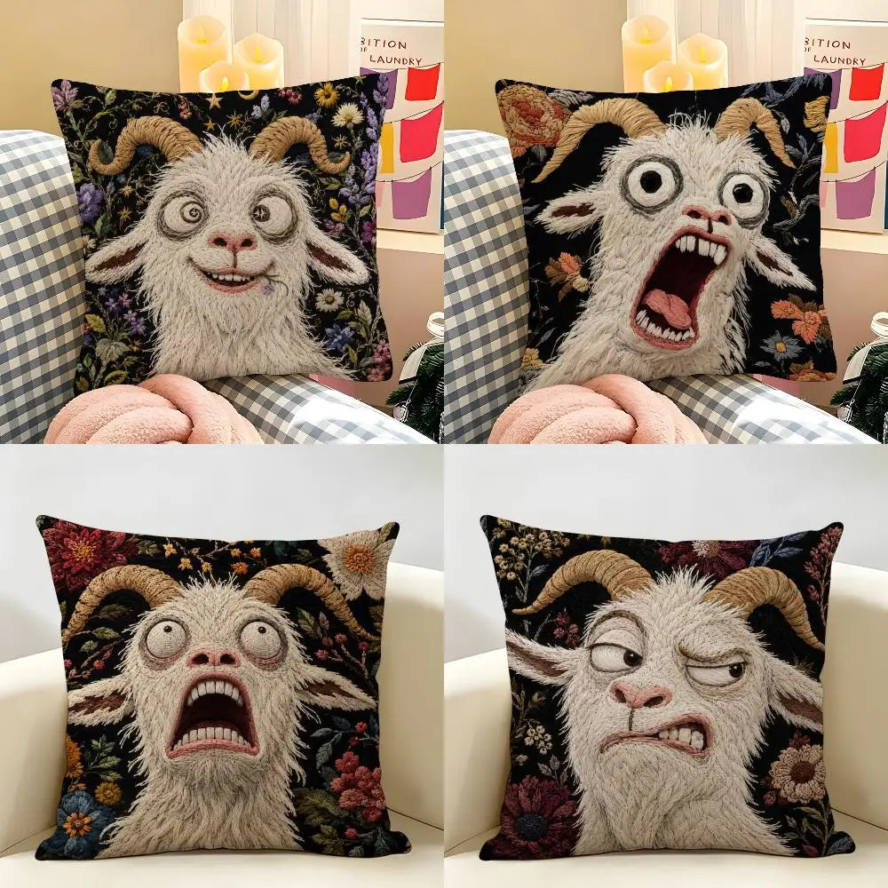 A close-up of a funny screaming goat linen cushion cover with expressive facial features and dark floral patterns.