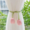 Pink tulip flower curtain tie backs with green fabric ribbon