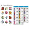 A set of 10 flower symbols and corresponding DMC thread colors for diamond painting craft.