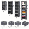 A set of foldable hanging closet organizers in gray fabric, shown as individual drawers and a multi-shelf unit.