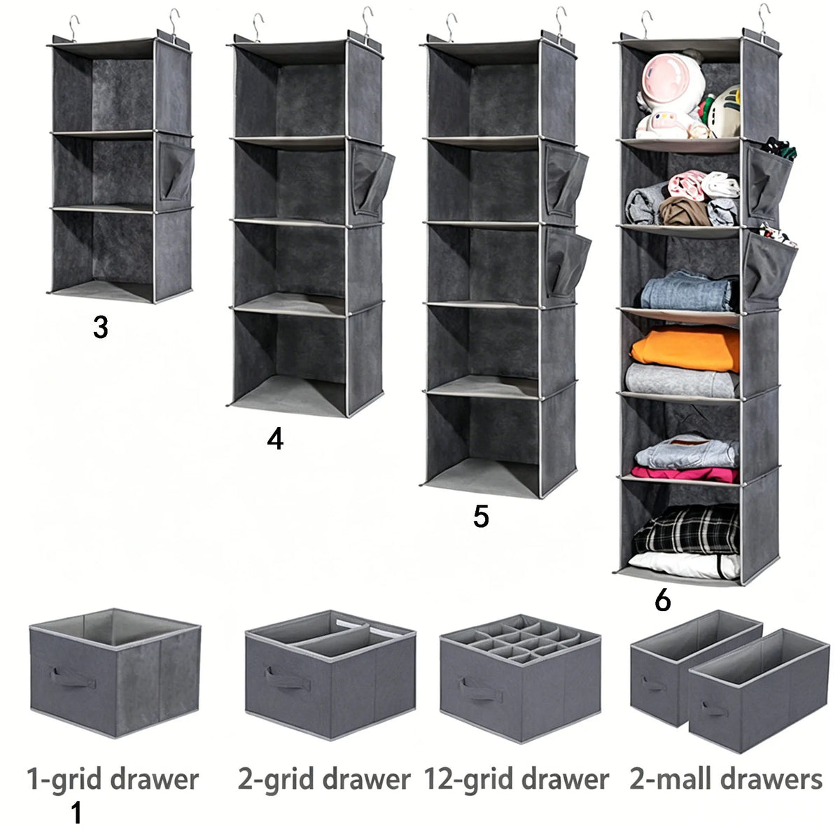 A set of foldable hanging closet organizers in gray fabric, shown as individual drawers and a multi-shelf unit.