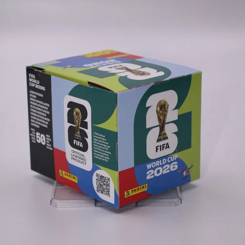 A box of 50 official licensed FIFA World Cup 2026 Panini football stickers.