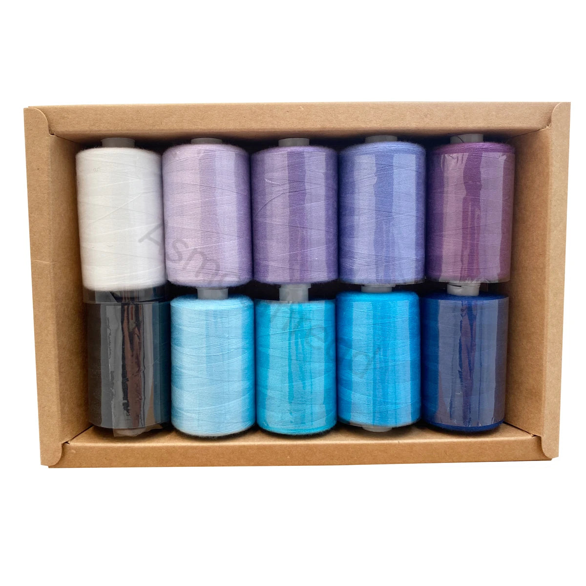 A box containing ten colorful polyester sewing thread spools in various shades of purple and blue.
