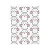 A repeating pattern of cute white cartoon characters with pink cheeks on a beige flannel throw blanket.