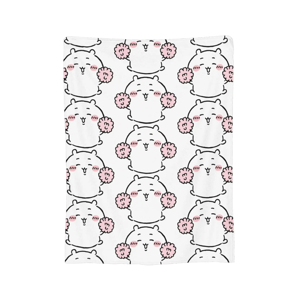 A repeating pattern of cute white cartoon characters with pink cheeks on a beige flannel throw blanket.