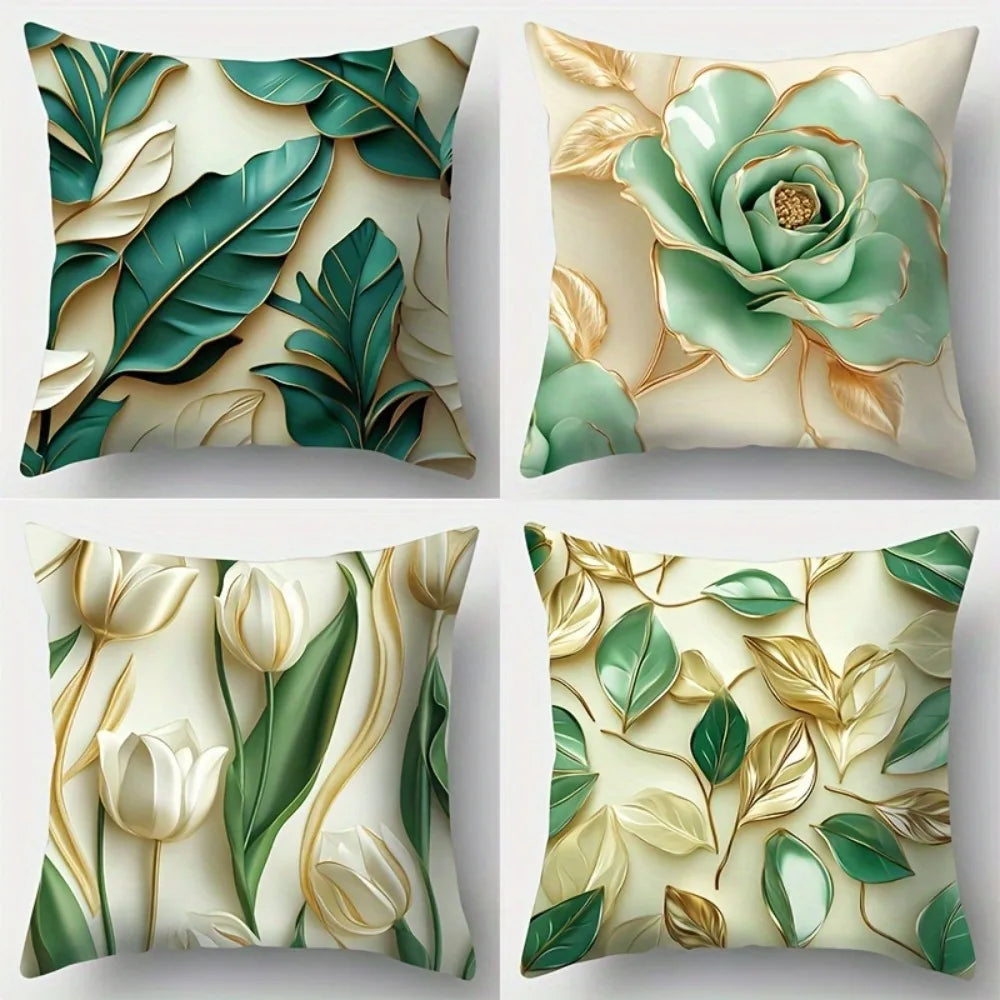 A set of four decorative pillowcases featuring botanical leaf prints in shades of green and gold on a cream background.