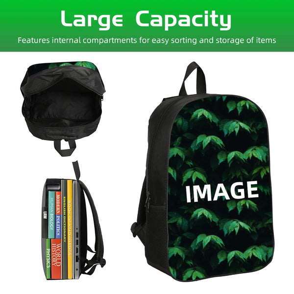 A black cartoon football sports backpack featuring a green leaf pattern.