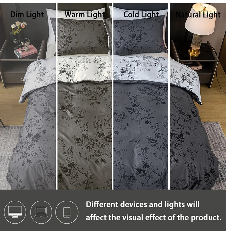 Three variations of a dark gray floral print duvet cover and pillowcase set shown under dim, warm, cold, and natural light.