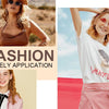 A collage showing fashion application examples including a model wearing a brown top, a woman smiling in a white shirt and pl