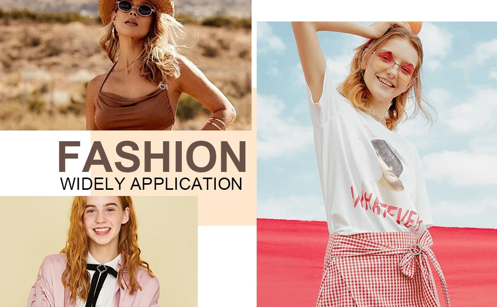 A collage showing fashion application examples including a model wearing a brown top, a woman smiling in a white shirt and pl
