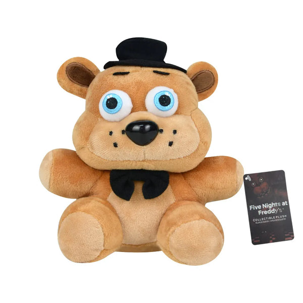 A cute plush doll resembling a bear with large blue eyes and a black bowtie, inspired by Five Nights at Freddy's characters.