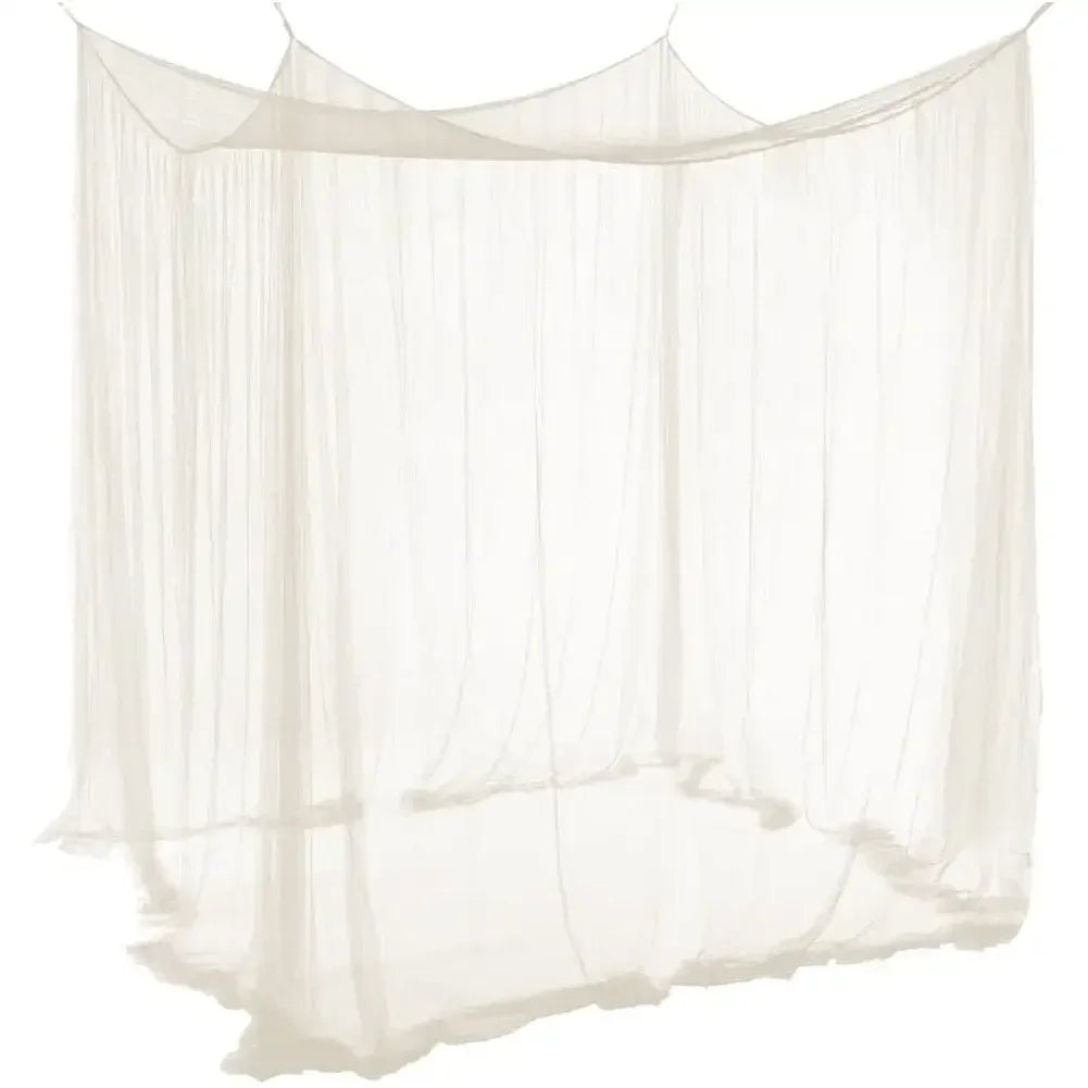 A sheer, beige mosquito net canopy draped over a bed frame.