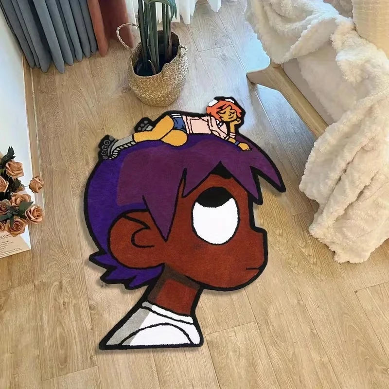 A plush cartoon character rug featuring a purple-haired figure with a yellow-haired character on top, placed on a light woode