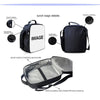 Black cartoon crossbody lunch bag with mesh pocket and elastic band for food storage