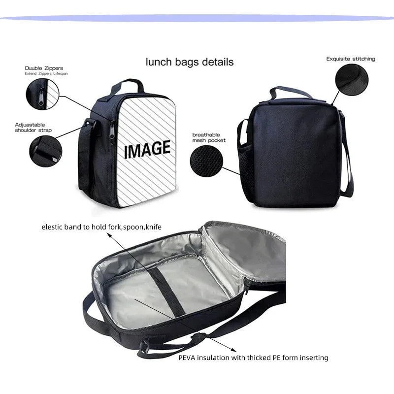 Black cartoon crossbody lunch bag with mesh pocket and elastic band for food storage
