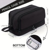 Black fabric pencil case shown with dimensions and a bottom view of the contents.