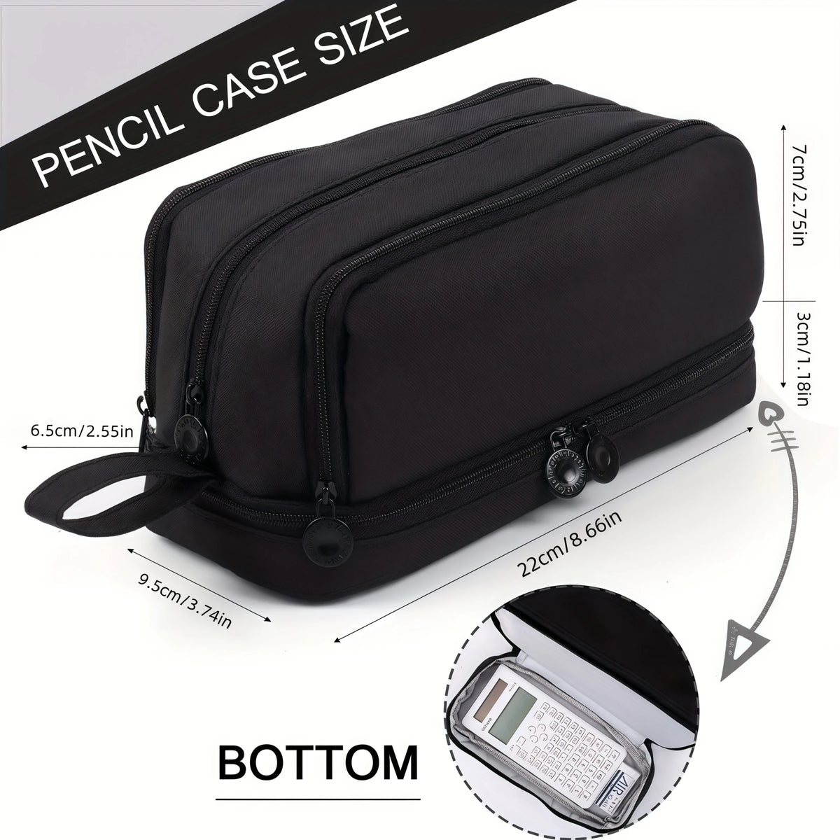 Black fabric pencil case shown with dimensions and a bottom view of the contents.