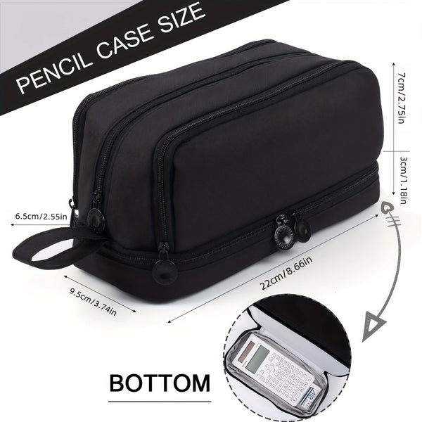 Black fabric pencil case shown with dimensions and a bottom view of the contents.