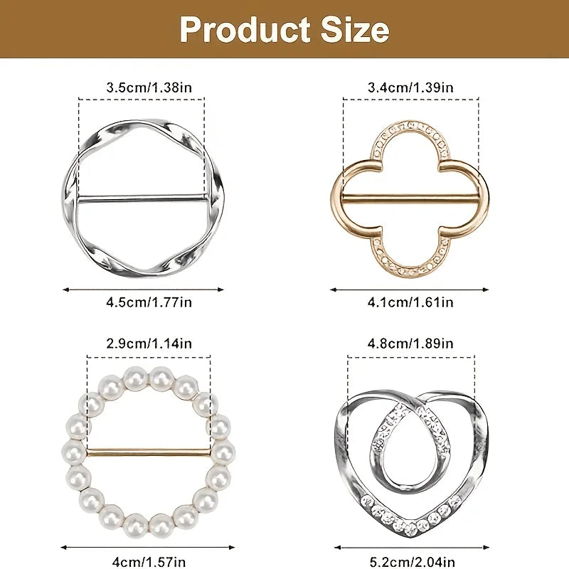 A set of elegant metal scarf and dress clips shown with various sizes and dimensions.