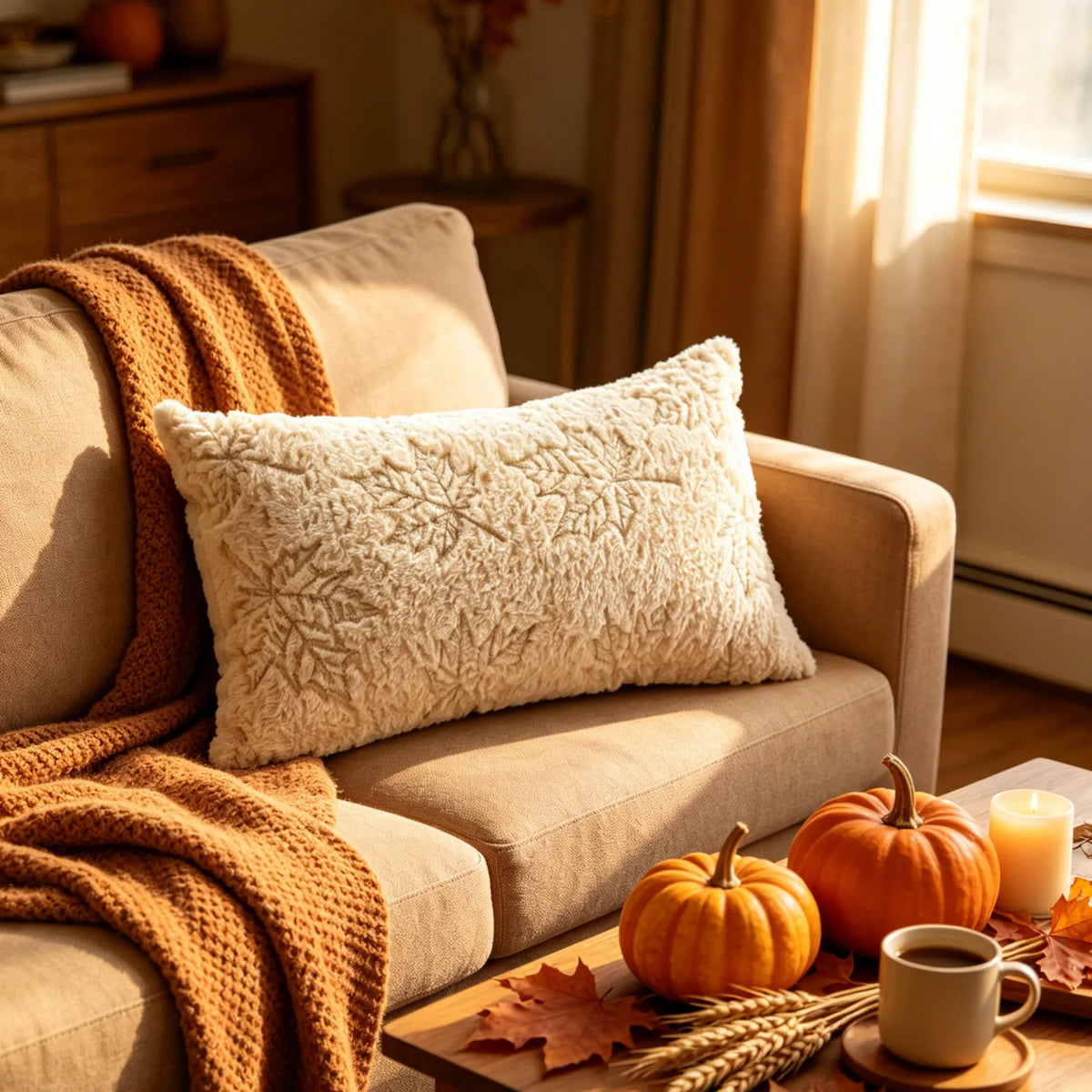 A cozy living room scene featuring a beige sofa with an orange knitted throw and a cream fuzzy maple leaf throw pillow.