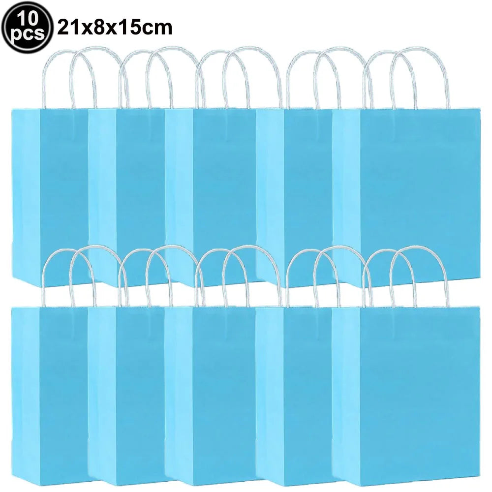 Ten light blue paper shopping bags with white handles stacked in two rows.