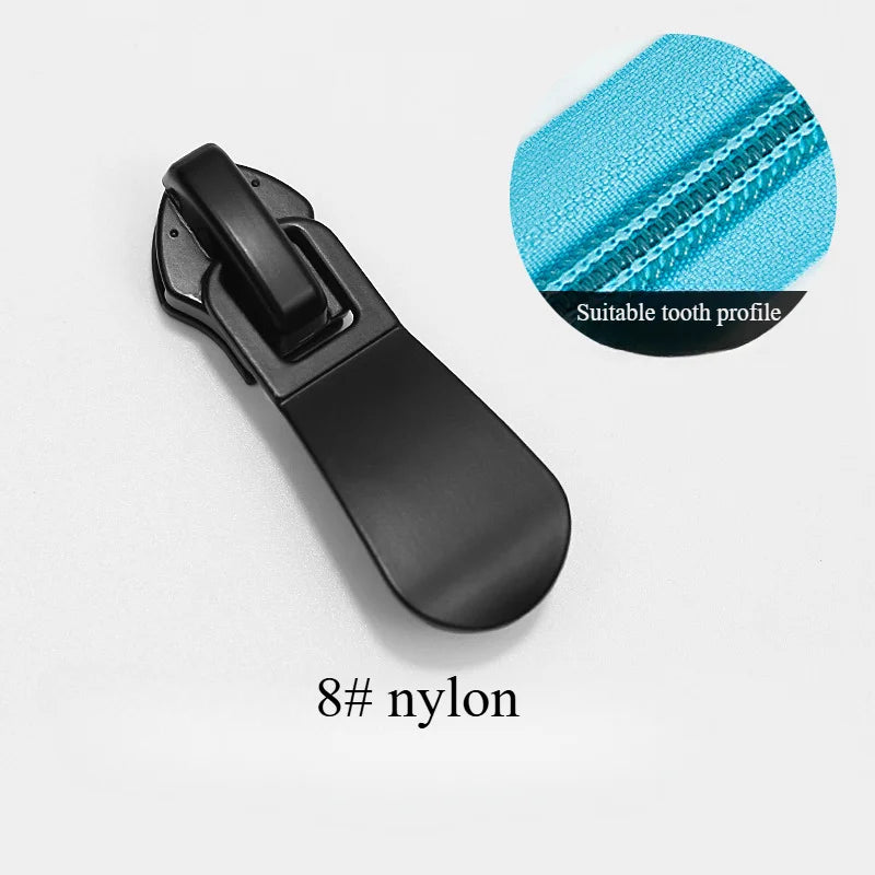 A black nylon zipper slider is shown next to a magnified view of its tooth profile.