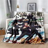 A throw blanket featuring characters from Jujutsu Kaisen anime in a dynamic style against a light background.