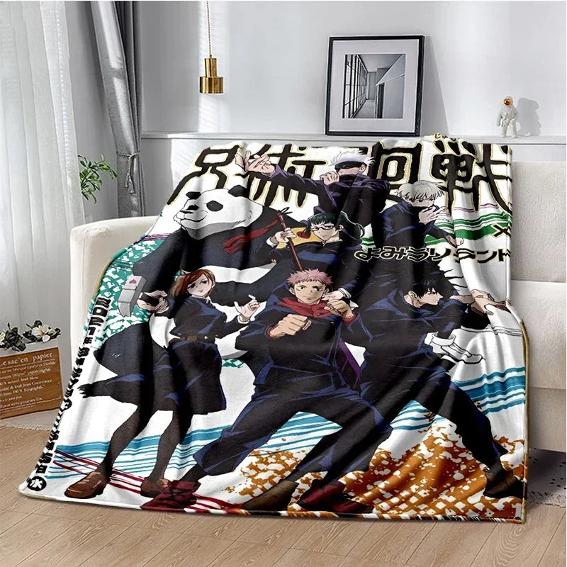 A throw blanket featuring characters from Jujutsu Kaisen anime in a dynamic style against a light background.