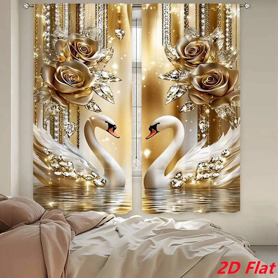 Elegant champagne gold and white swan curtains with floral accents set of two