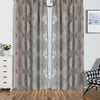 Gray sheer jacquard curtain panel featuring a subtle damask pattern and white floral accents.