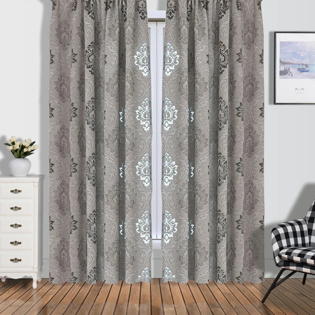 Gray sheer jacquard curtain panel featuring a subtle damask pattern and white floral accents.