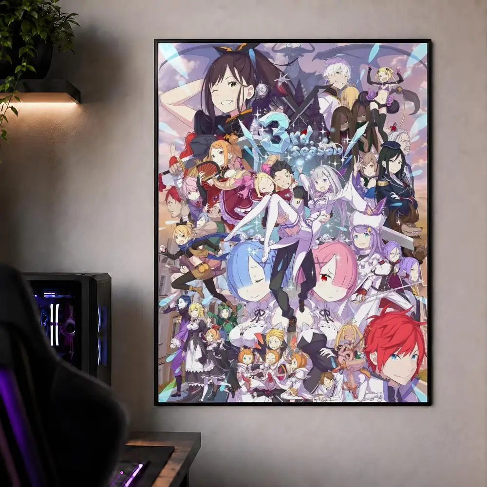 Anime R-ReZERO Subaru Rem wall decor featuring a vibrant illustration of many characters.