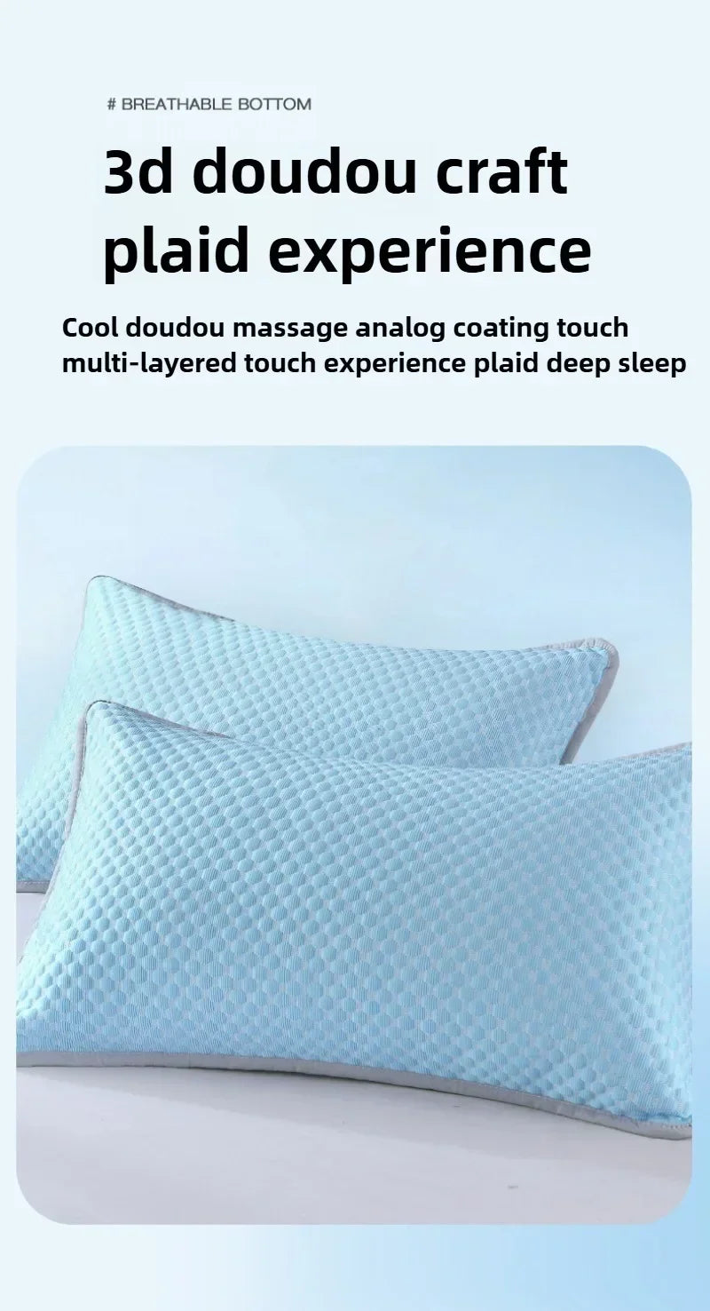 Light blue quilted pillowcase showing a multi-layered touch experience for deep sleep.