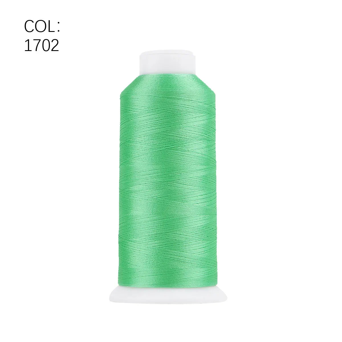 A roll of bright green polyester embroidery thread with a white cap.