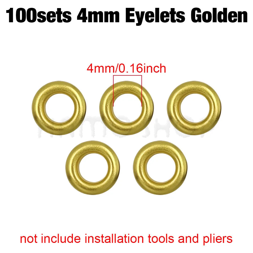 A set of 100 golden 4mm eyelets, measuring 0.16 inches each.